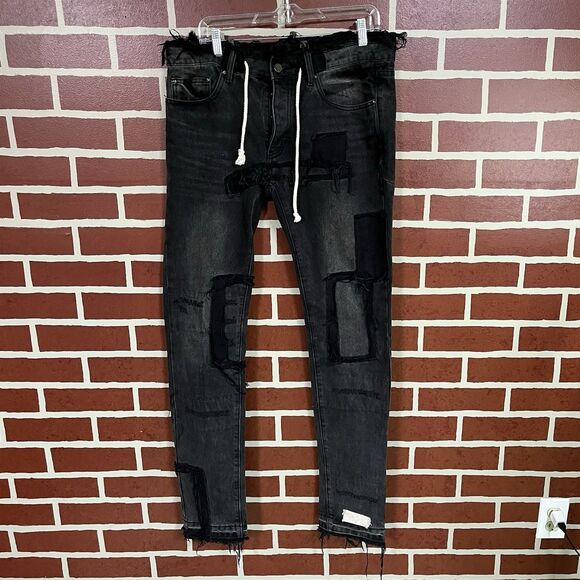 MNML Black Distressed Jeans Rope Drawstring Patches Size 34x32 Cotton Button Fly - Picture 1 of 7